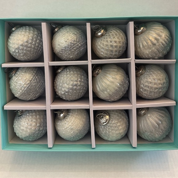 Martha Stewart Christmas Ornaments White And Silver Glitter Ornaments Set Of 12 - Picture 1 of 13